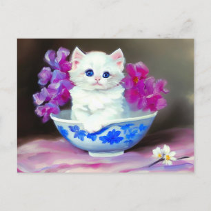 Vintage White Kitten with Pink Flowers Postcard