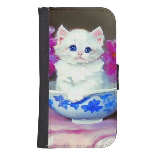 Vintage White Kitten with Pink Flowers  Galaxy S4 Wallet Case