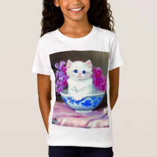 Vintage White Kitten with Pink Flowers T-Shirt