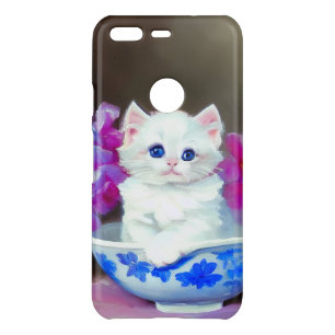 Vintage White Kitten with Pink Flowers  Uncommon Google Pixel Case