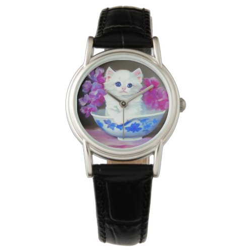 Vintage White Kitten with Pink Flowers  Watch