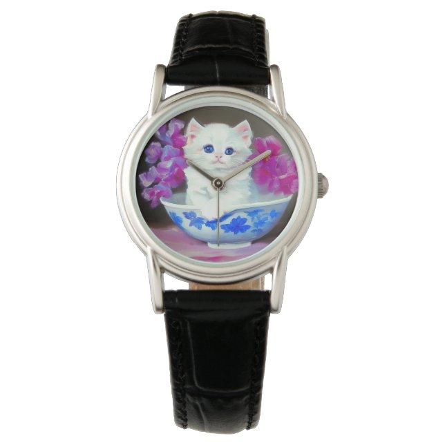 Vintage White Kitten with Pink Flowers  Watch (Front)