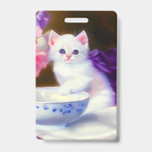 Vintage White Kitten with Purple Ribbon Badge