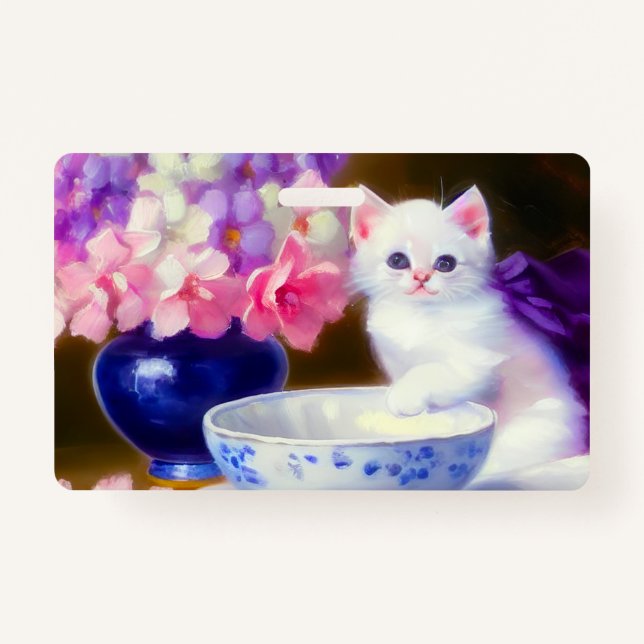 Vintage White Kitten with Purple Ribbon Badge (Front)