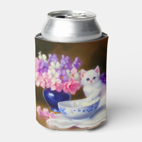 Vintage White Kitten with Purple Ribbon Can Cooler
