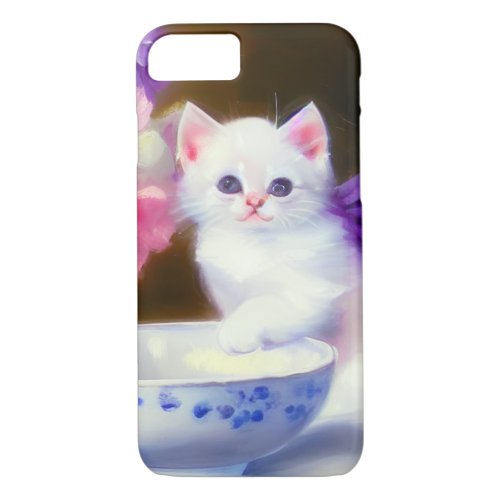 Vintage White Kitten with Purple Ribbon iPhone 87 Case