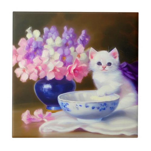 Vintage White Kitten with Purple Ribbon Ceramic Tile