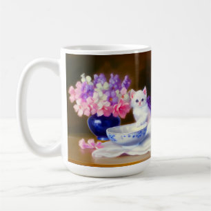 Vintage White Kitten with Purple Ribbon Coffee Mug