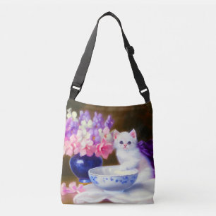 Vintage White Kitten with Purple Ribbon Crossbody Bag