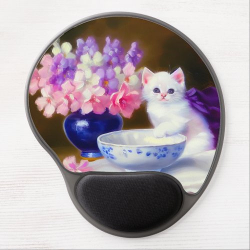 Vintage White Kitten with Purple Ribbon Gel Mouse Pad