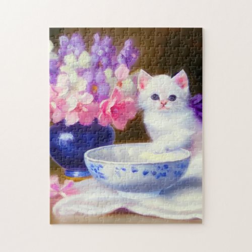 Vintage White Kitten with Purple Ribbon Jigsaw Puzzle