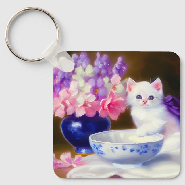 Vintage White Kitten with Purple Ribbon Keychain (Front)
