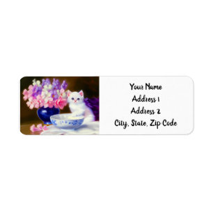 Vintage White Kitten with Purple Ribbon Label