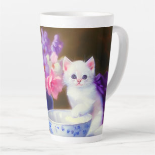 Vintage White Kitten with Purple Ribbon Latte Mug