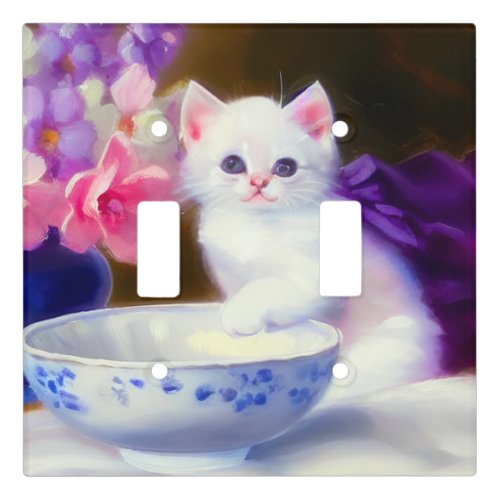 Vintage White Kitten with Purple Ribbon Light Switch Cover