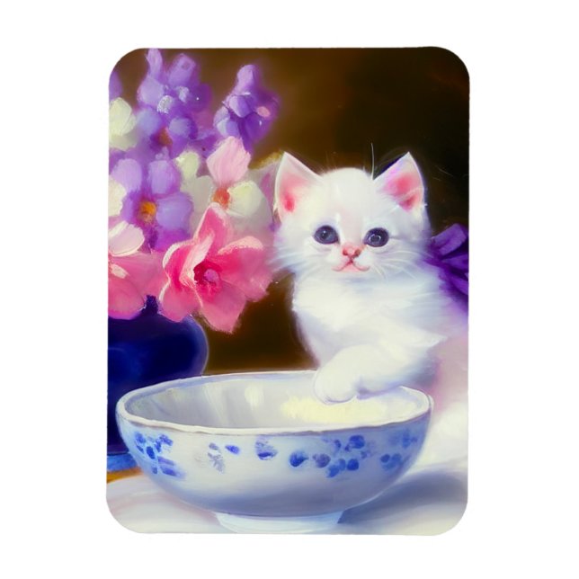 Vintage White Kitten with Purple Ribbon Magnet (Vertical)