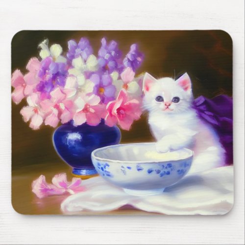 Vintage White Kitten with Purple Ribbon Mouse Pad