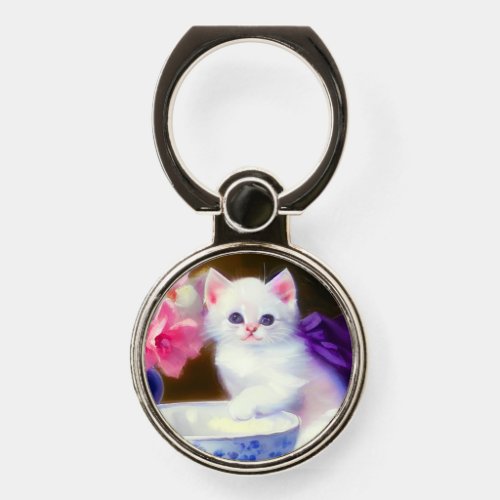 Vintage White Kitten with Purple Ribbon Phone Ring Stand