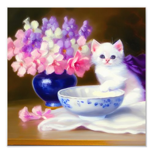 Vintage White Kitten with Purple Ribbon Photo Print