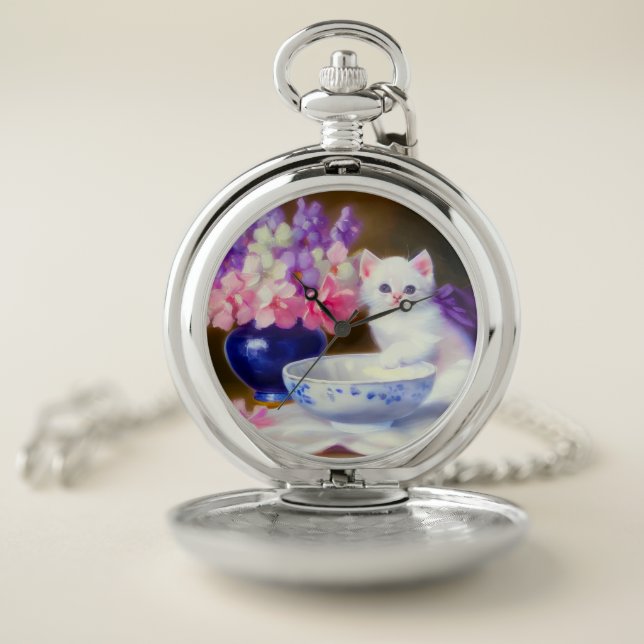 Vintage White Kitten with Purple Ribbon Pocket Watch (Inside)
