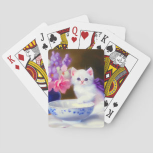 Vintage White Kitten with Purple Ribbon Poker Cards