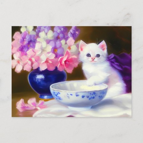 Vintage White Kitten with Purple Ribbon Postcard