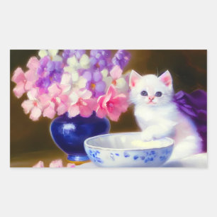 Vintage White Kitten with Purple Ribbon Rectangular Sticker