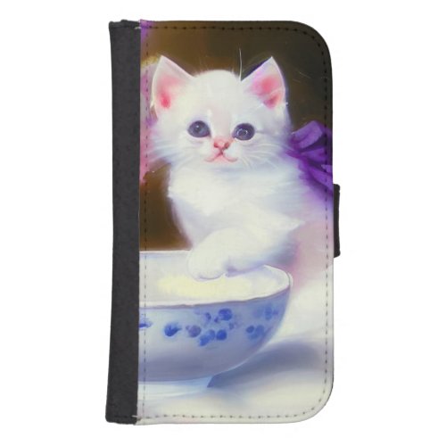 Vintage White Kitten with Purple Ribbon Galaxy S4 Wallet Case