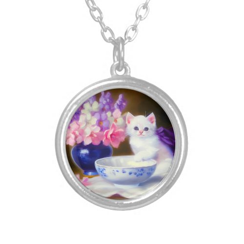 Vintage White Kitten with Purple Ribbon Silver Plated Necklace