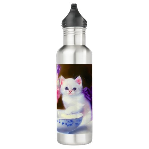 Vintage White Kitten with Purple Ribbon Stainless Steel Water Bottle