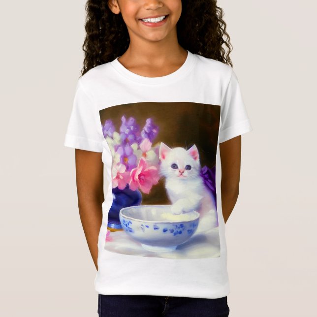 Vintage White Kitten with Purple Ribbon T-Shirt (Front)