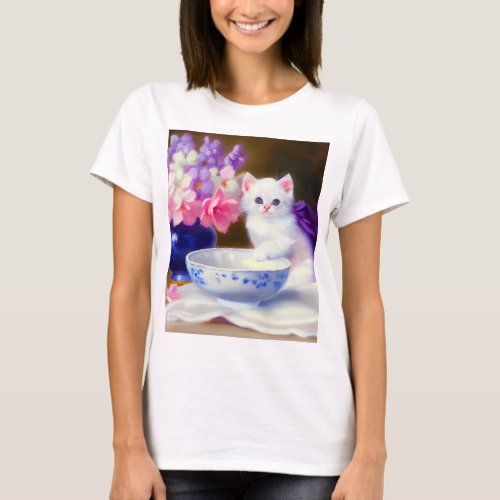 Vintage White Kitten with Purple Ribbon T_Shirt
