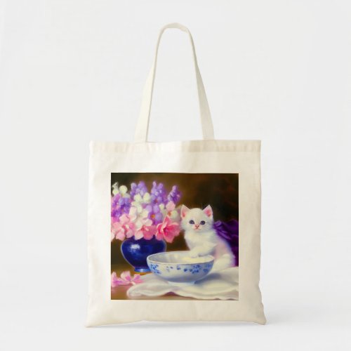 Vintage White Kitten with Purple Ribbon Tote Bag
