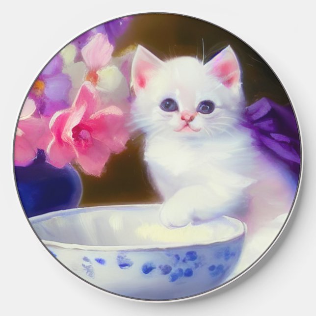 Vintage White Kitten with Purple Ribbon Wireless Charger (Front)
