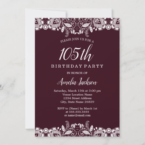 Vintage White Lace Burgundy 105th Birthday Party Invitation