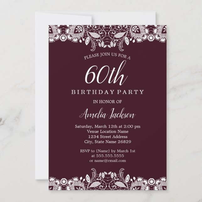 Vintage White Lace Burgundy 60th Birthday Party Invitation (Front)