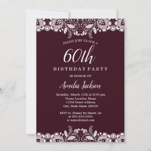 Vintage White Lace Burgundy 60th Birthday Party Invitation