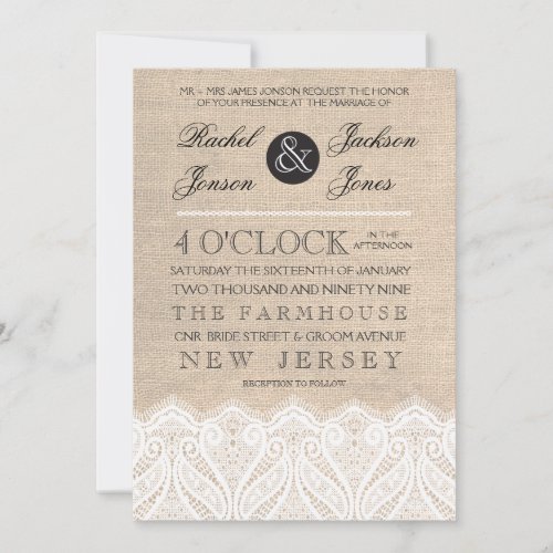 Vintage White Lace &amp; Burlap Wedding Invitation