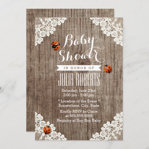 Vintage White Lace Cute Ladybugs Baby Shower Invitation