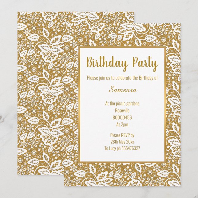 VINTAGE WHITE LACE GOLD ALL OCCASION BIRTHDAY INVITATION (Front/Back)