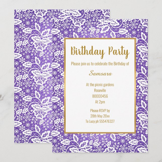 VINTAGE WHITE LACE GOLD ALL OCCASION BIRTHDAY INVITATION (Front/Back)
