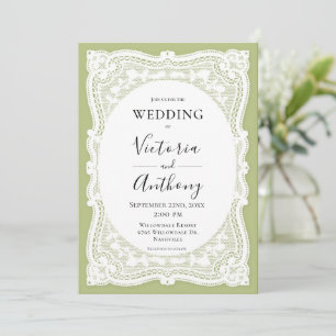 Vintage White Lace Green Rustic Wedding Invitation