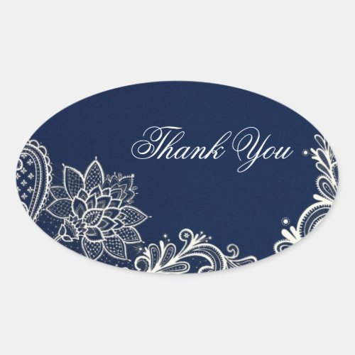 vintage white lace  navy blue wedding thank you oval sticker