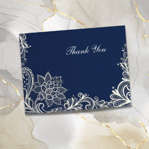 vintage white lace  navy blue wedding thank you postcard