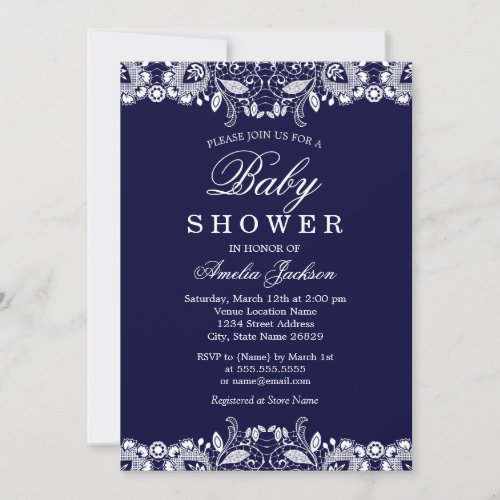 Vintage White Lace Navy Boy Baby Shower Invitation
