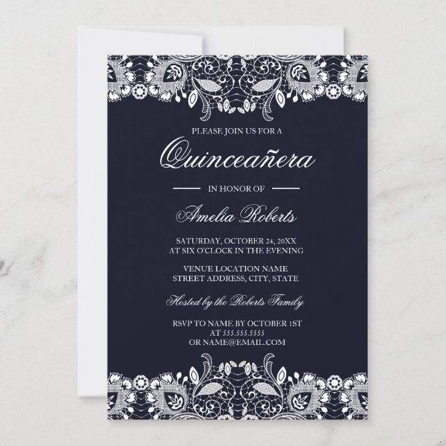 Vintage White Lace Navy Quinceanera Invitation (Front)