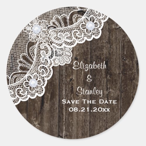 Vintage white lace old wood wedding Save the Date Classic Round Sticker