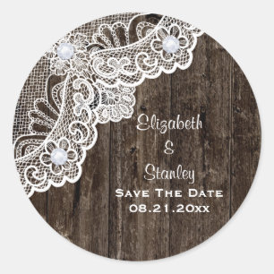 Vintage white lace, old wood wedding Save the Date Classic Round Sticker
