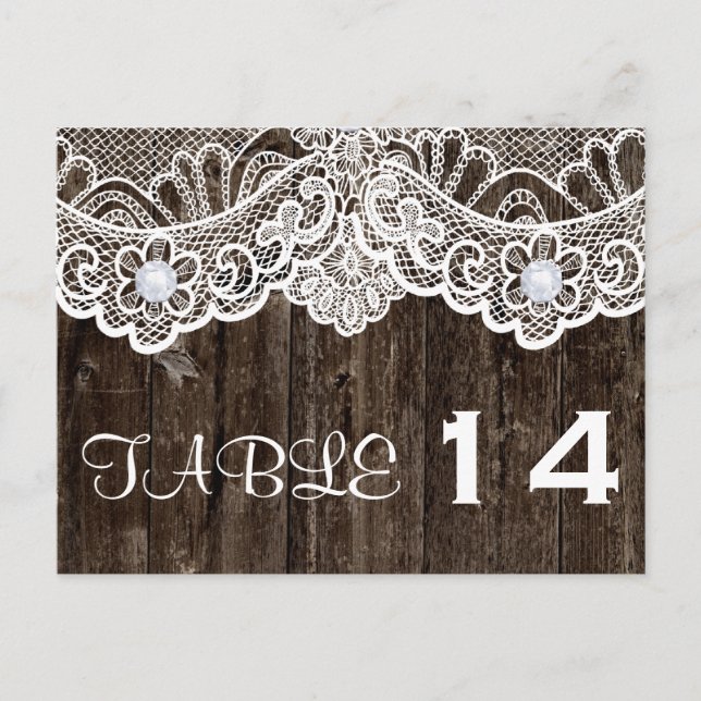 Vintage white lace, old wood wedding table number (Front)