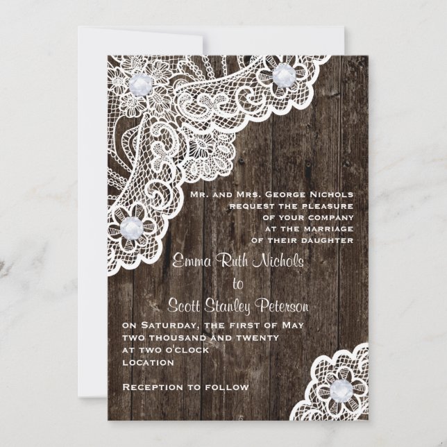 Vintage white lace on old wood wedding invitation (Front)